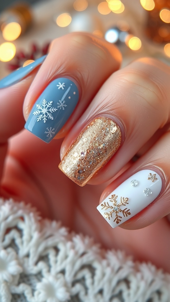 Elegant non-red Christmas nail designs in icy blue and gold with snowflakes and glitter.